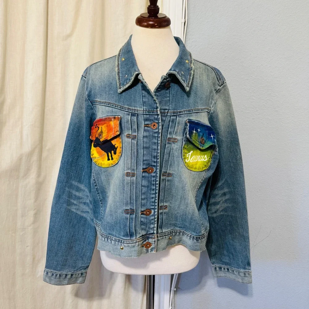 Upcycled Venezia Denim Jacket Hand Painted Taurus‎ Sun Moon Celestial Art 18-20